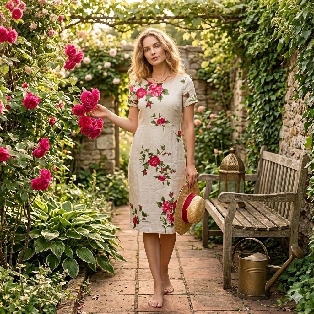 Match Vintage 90s Rose Floral Print Linen Sheath Dress‎ Cottagecore Prairie 6P